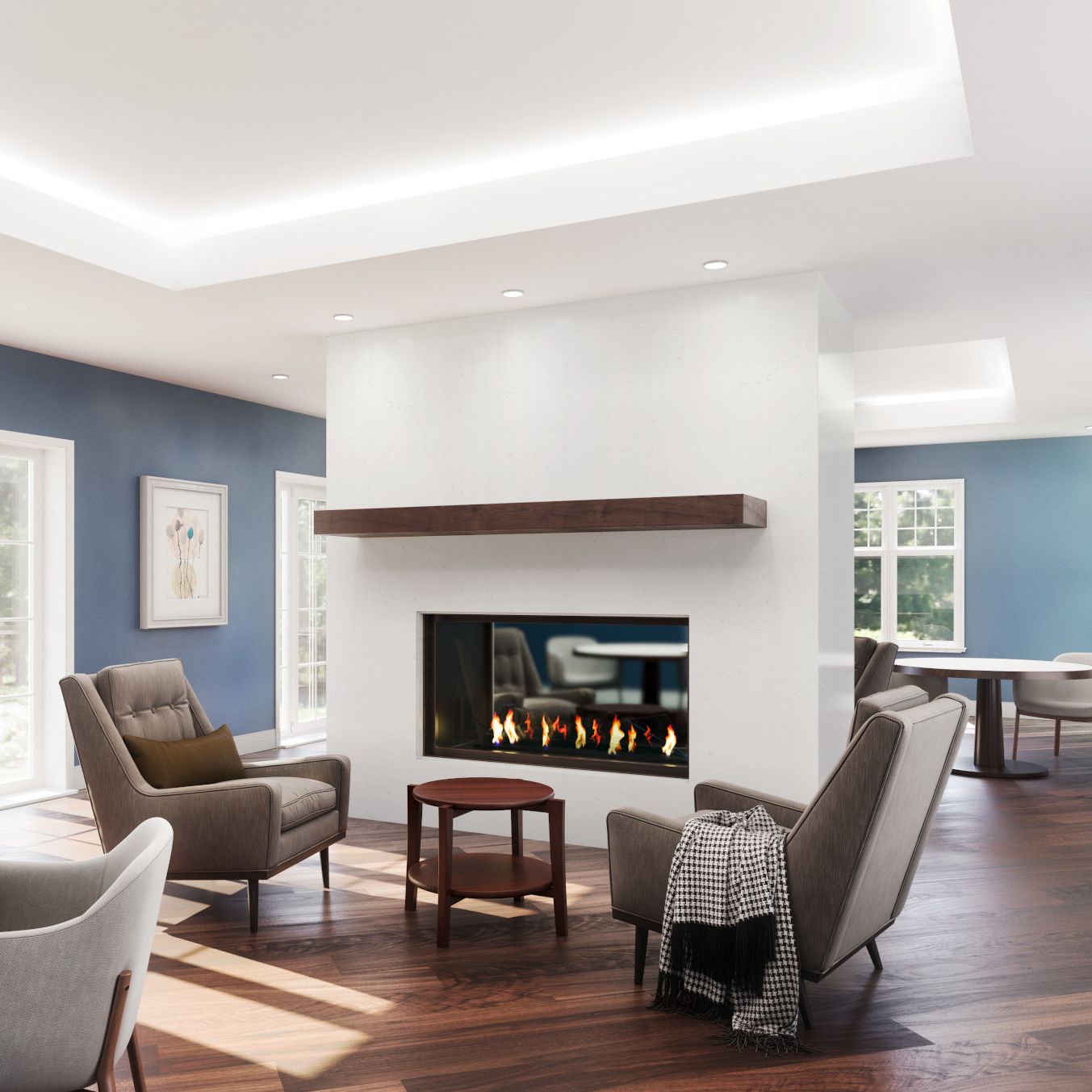 A living room with a fireplace
Description automatically generated with medium confidence