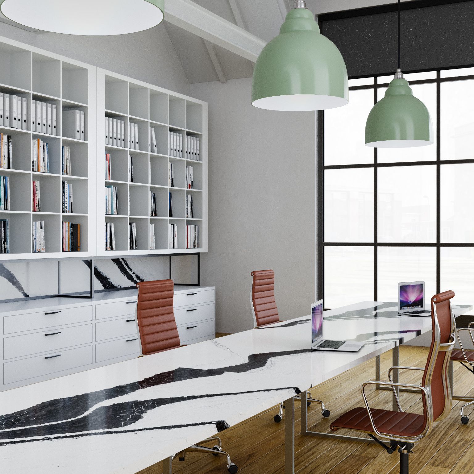 A room filled with furniture and a large window
Description automatically generated