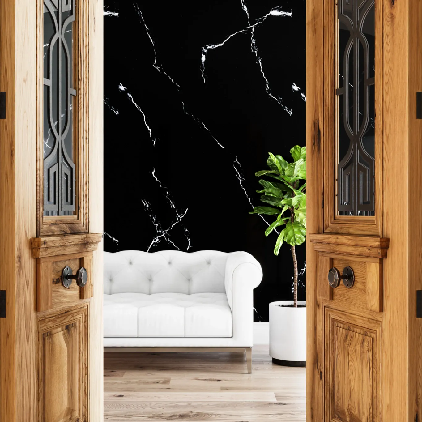 a white couch and plant in white planter are behind two partially opened wood doors and in front of a black wall made from Camrbia Blackbrook quartz.