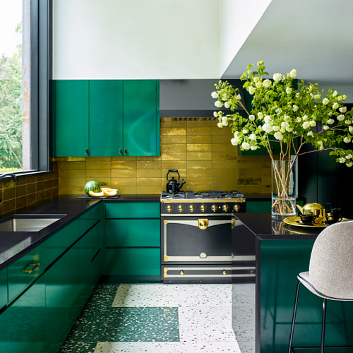 Green Kitchens, Pine Kitchen Cabinets With Black Countertops