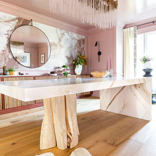 A dining room with tree stump as base
Description automatically generated