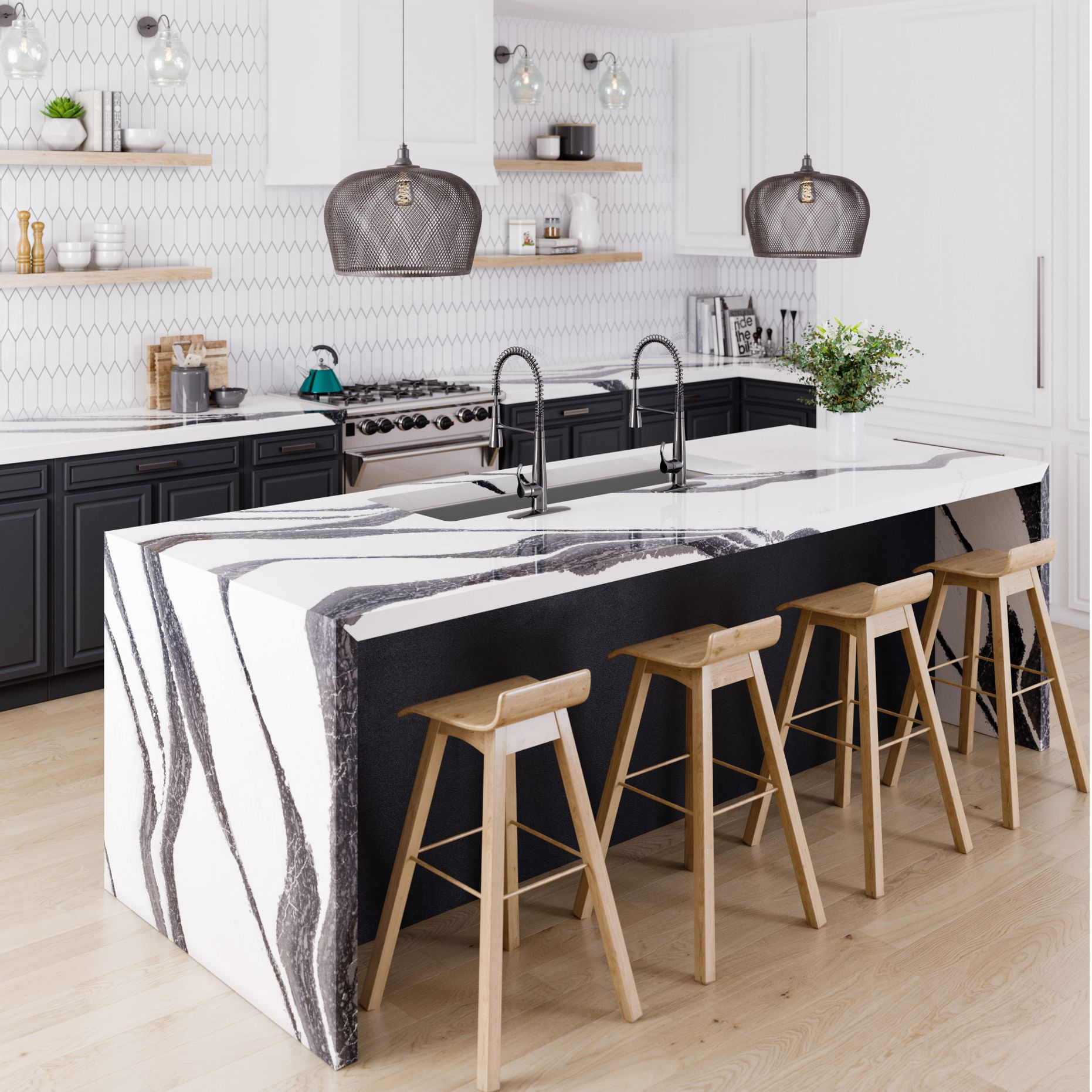 A kitchen with a table in a room
Description automatically generated