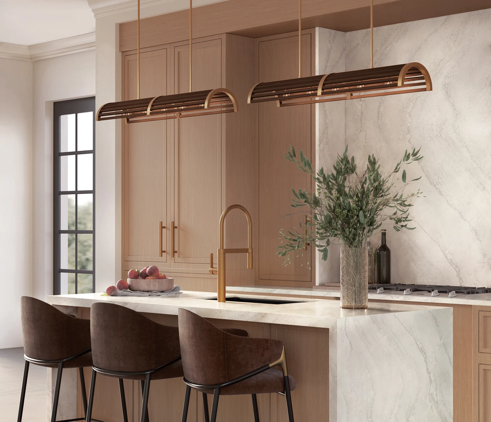a warm an neutral kitchen with soft oak cabinets, double waterfall edge quartz kitchen island topped with Everleigh countertops and matching Everleigh backsplash, with three bar tables, and black and gold accents throughout the space.