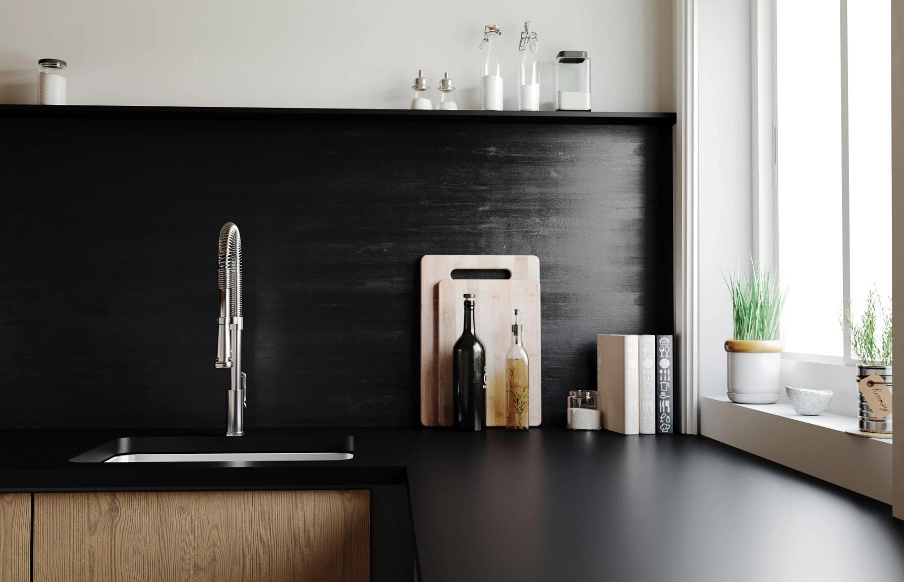a modern and clean black kitchen zoomed in to see a sink with a stainless steel faucet, wooden cutting board, miscellaneous kitchen decorations, a large window, and a quartz countertop made from Cambria Blackpool Matte.