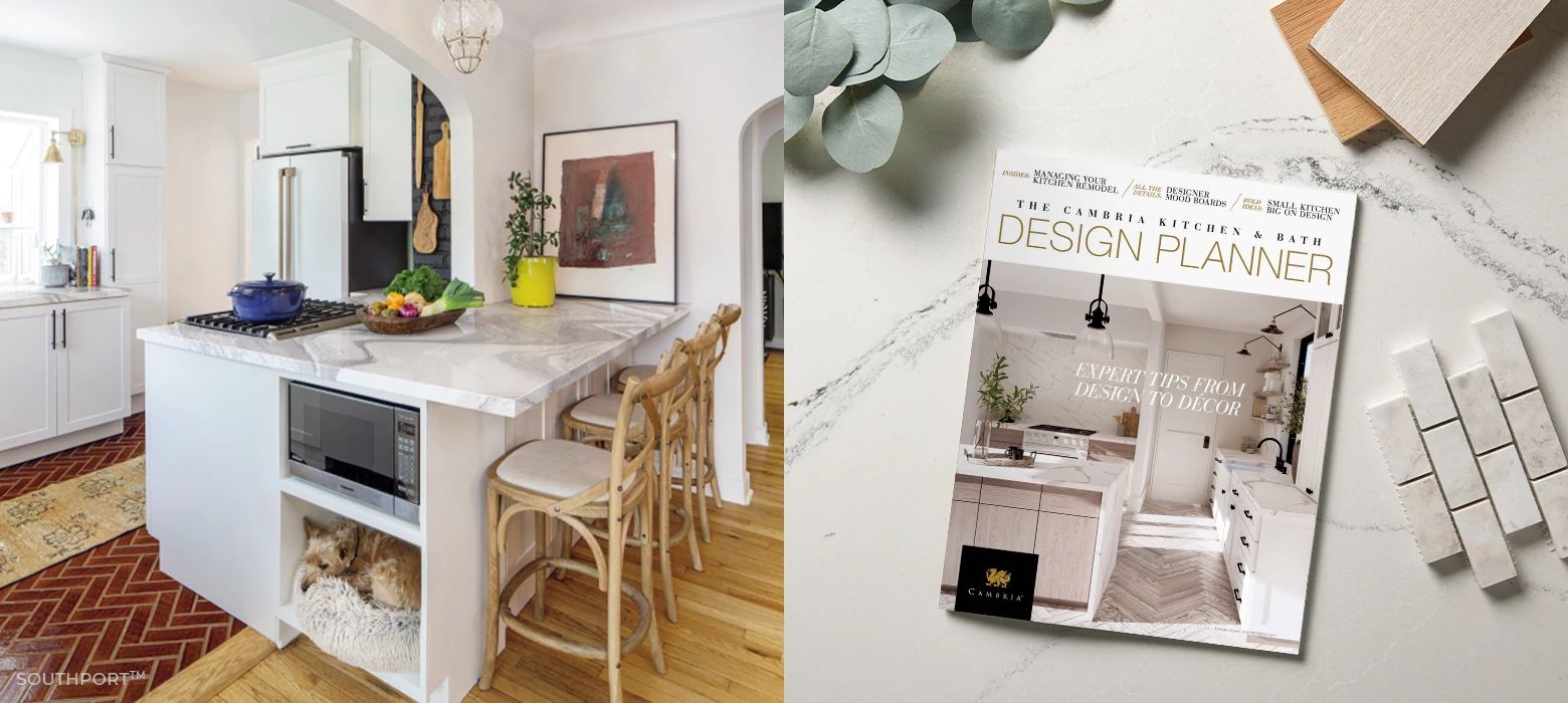 Cambria Kitchen and Bath Planner cover next to a kitchen installation image